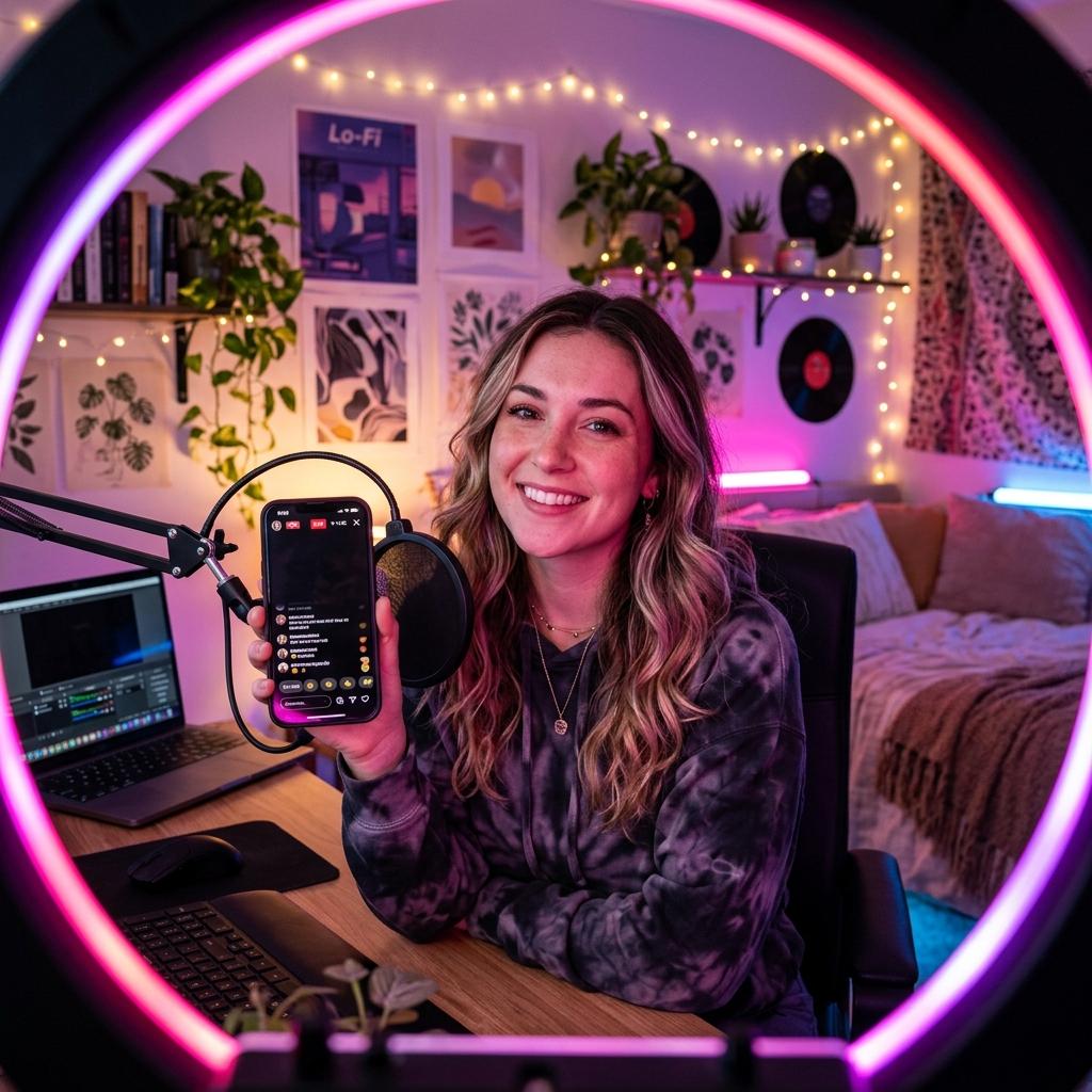 Minimalist illustration of a live streaming girl